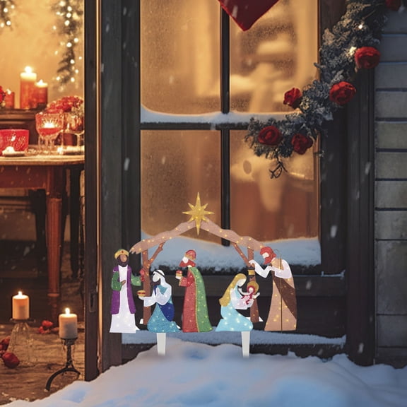 Ckraxd Iron Double-Sided Printed Holiday Decoration with String Lights for Outdoor Patio - Lighted Nativity Scene for Festive Garden Decor