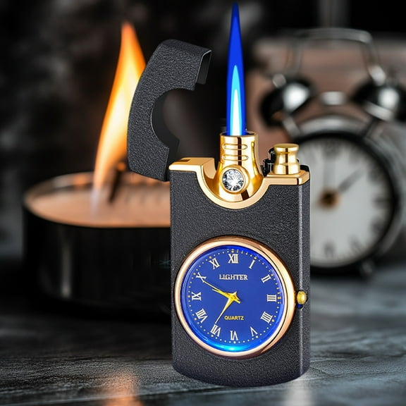 Ckraxd Metal Clock Lighter Windproof Inflatable Lighter with Led Blue Light, Elegant Design Perfect for Collectors and Gifts