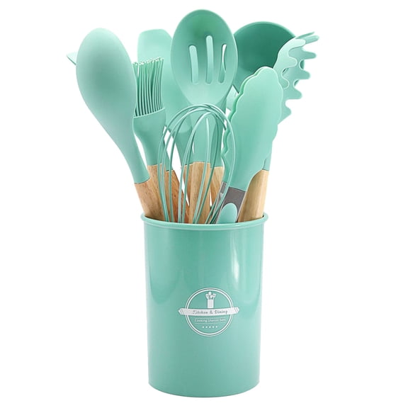 Ckraxd Non-Stick Cookware Set 12-Piece Silicone Kitchen Utensils with Wooden Handles for Cooking and Baking, Heat Resistant, BPA Free
