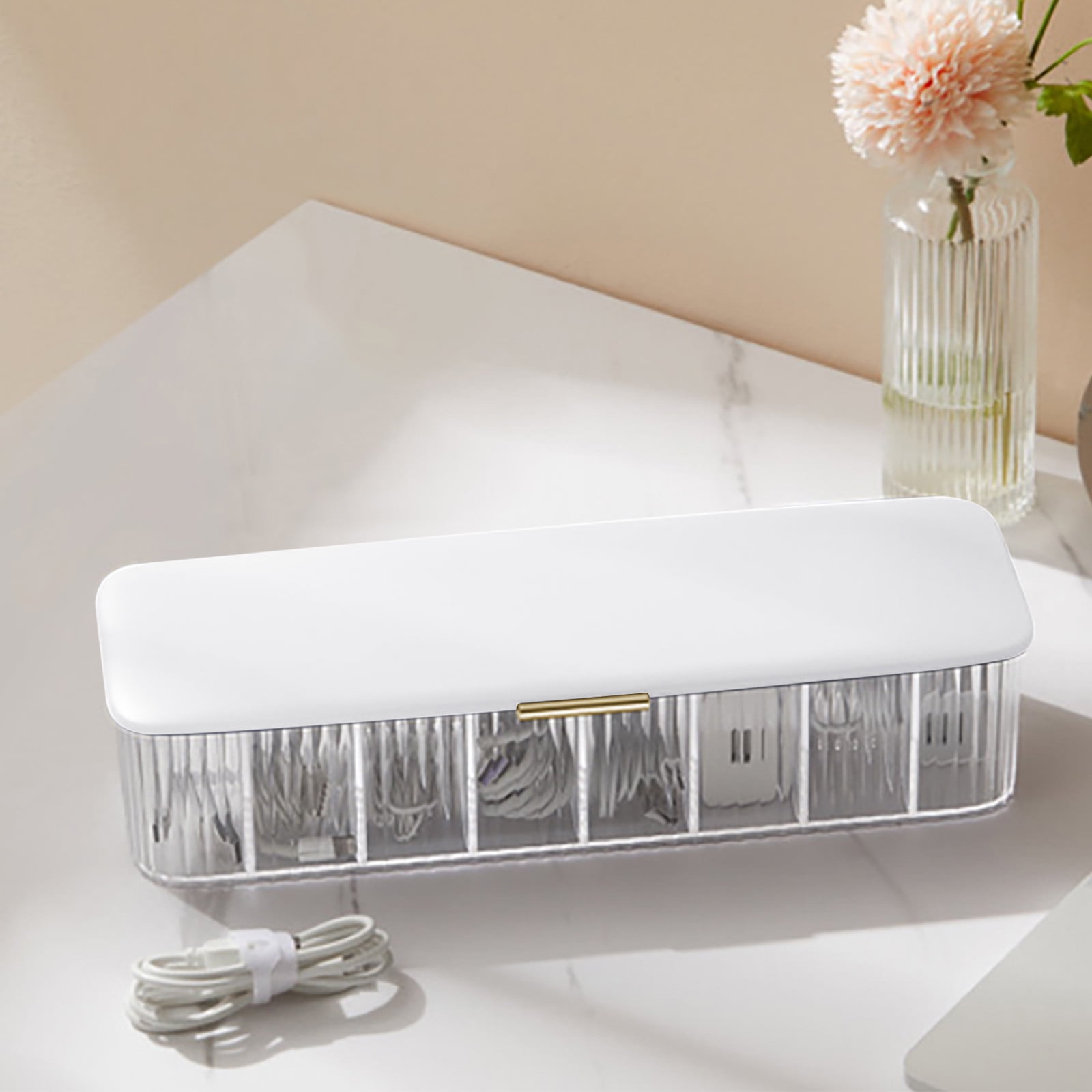 Ckraxd Transparent Cable Organizer Box with Lid - 8 Compartment Storage ...