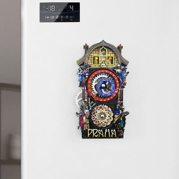 Ckraxd Vintage Wooden Prague Astronomical Clock Fridge Sticker with Turning Gears for Magnetic Decoration