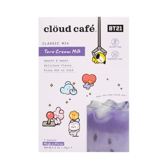 Clud Caf BT21 Taro Cream Milk Powder Packets - Classic Taro Blend Single Serve Sticks with Rich, Nutty & Milky Notes, Caffeine Free, Gluten Free, Made in Korea (7 Sachets)