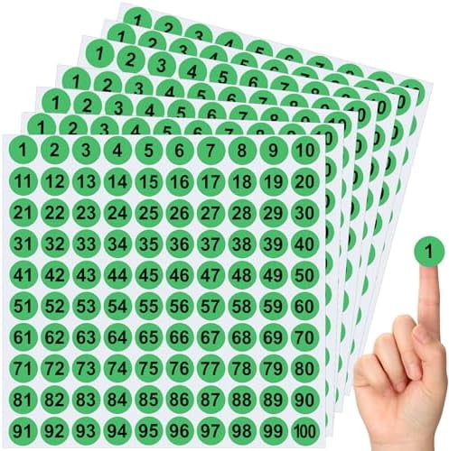 Clabby 700 Pcs Consecutive Number Stickers 1-100 Round Colored Labels 1 Inch Self Adhesive Vinyl Number Decals for Office, Inventory, Storage, Bins(Green)