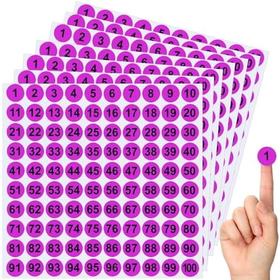 Clabby 700 Pcs Consecutive Number Stickers 1-100 Round Colored Labels 1 Inch Self Adhesive Vinyl Number Decals for Office, Inventory, Storage, Bins(Purple)