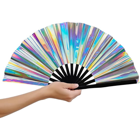 Clack Fans for Line Dancing Large Folding Hand Fans for Dance Glitter Rave Festival Fan for Men/Women Popping Fans for EDM, Festival,Club, Party, Dance Accessories (Laser Silver)