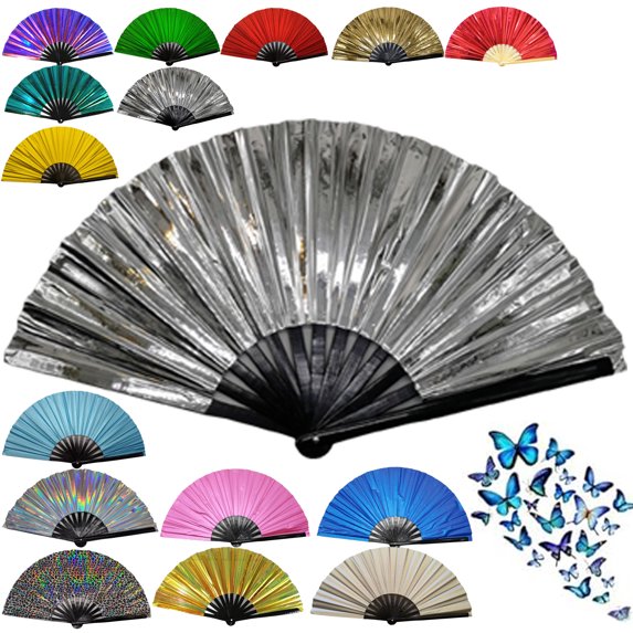 Clacking Fans for Line Dancing, Boots on the Ground fan, Large Folding Hand Rave Fan, Iridescent Clack Handheld Fan, Holographic Laser Colors Hand Fan for Line Dancing, Disco Party, Home