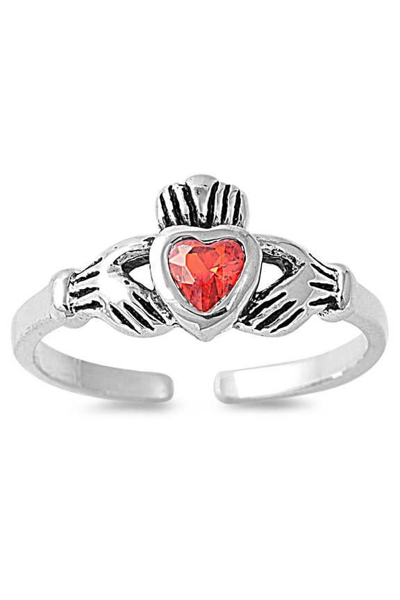 Claddagh Benediction Heart Knuckle / Toe Ring Simulated Ruby Cubic Zirconia Sterling Silver