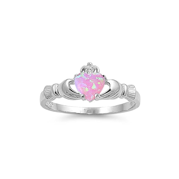 Claddagh Benediction Pink Simulated Opal Cubic Zirconia Ring Sterling Silver 925 Size 10