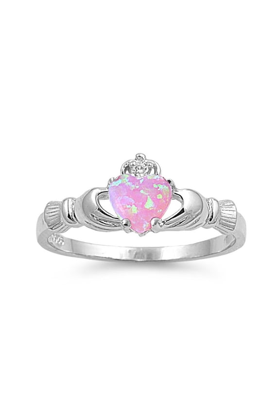 Claddagh Benediction Pink Simulated Opal Cubic Zirconia Ring Sterling Silver 925 Size 8
