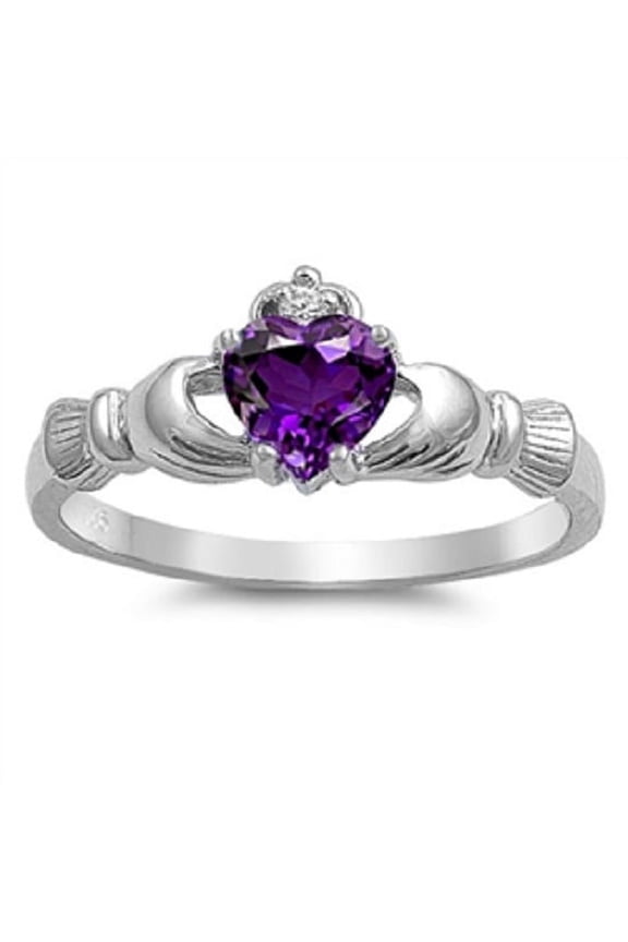 Claddagh Benediction Simulated Amethyst Cubic Zirconia Ring Sterling Silver 925 Size 10