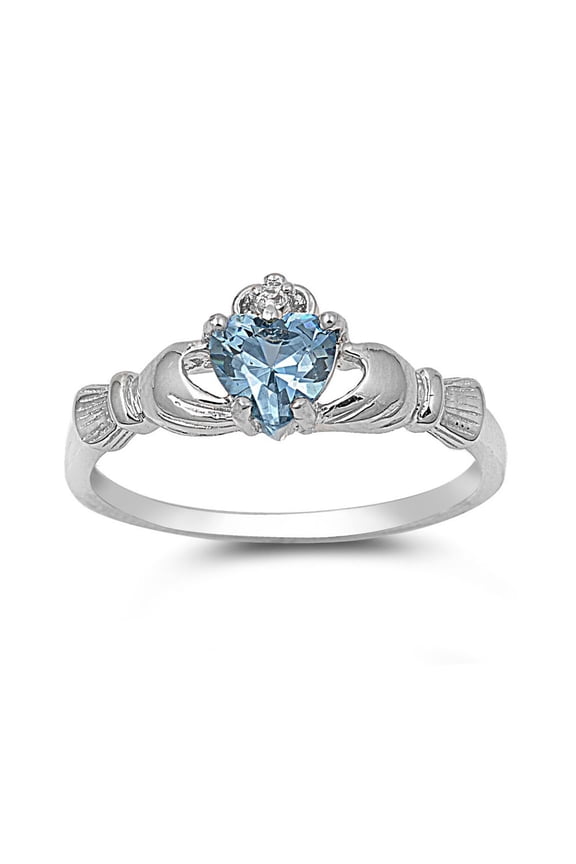Claddagh Benediction Simulated Aquamarine Cubic Zirconia Ring Sterling Silver 925 Size 10