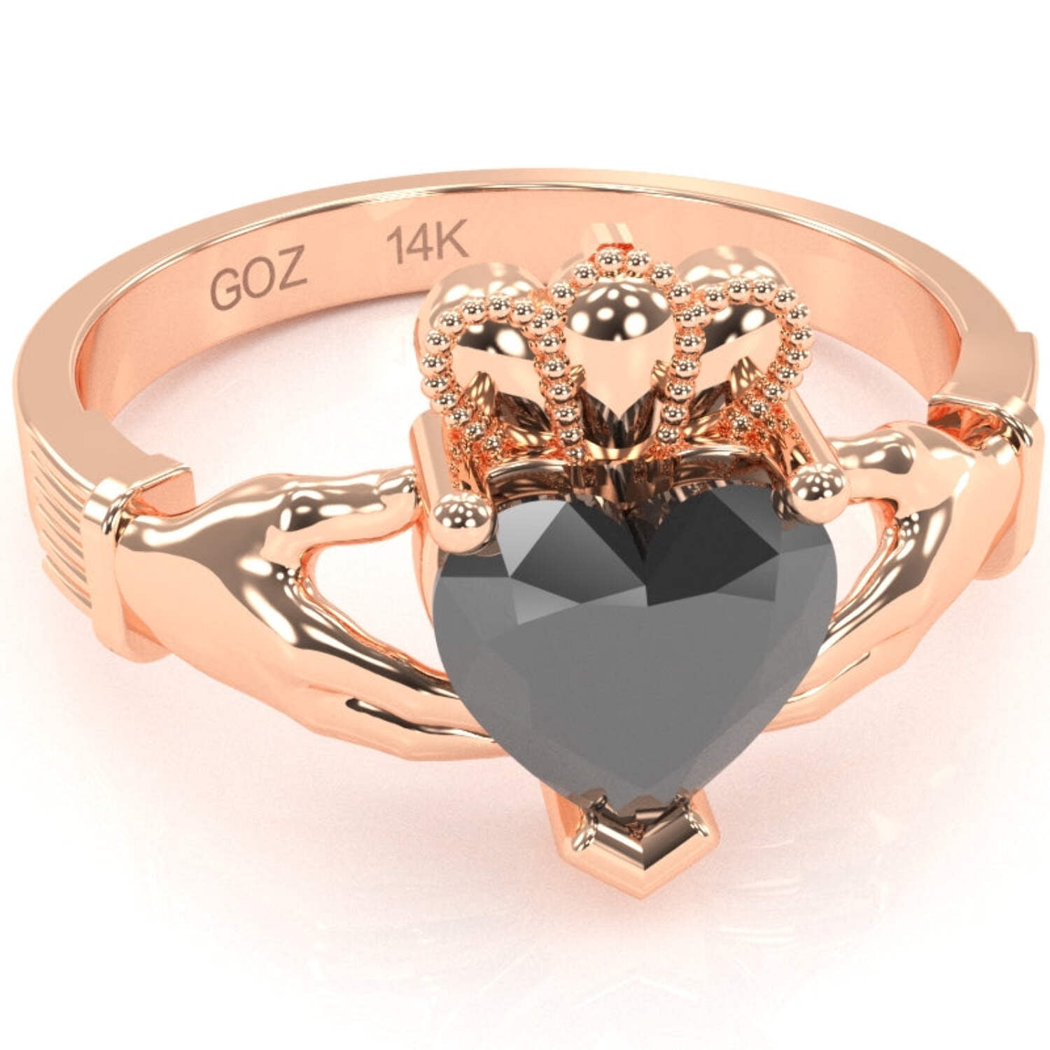 Claddagh Black Onyx Ring In Solid 14k Rose Gold
