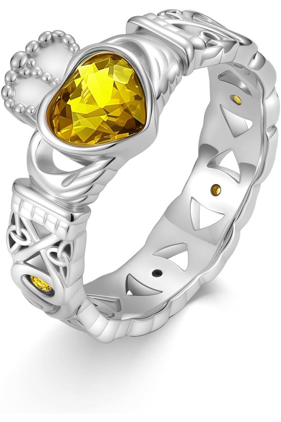 Claddagh Citrine Birthstone Ring 925 Sterling Silver Irish Claddagh Trinity Knot Celtic Wedding Promise Ring with November Birthstone Irish Lucky Jewelry Gifts for Women Mom Her#7