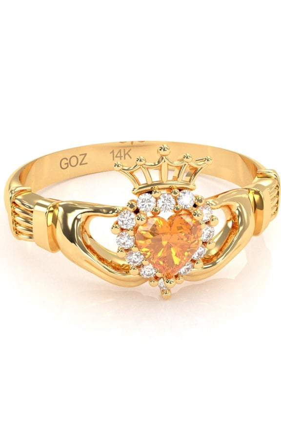 Claddagh Citrine Diamond Ring In Solid 14k Yellow Gold