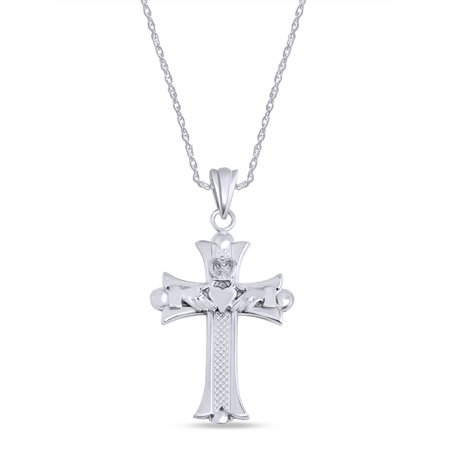 AFFY Claddagh Cross Pendant Necklace in 14k White Gold over Sterling Silver