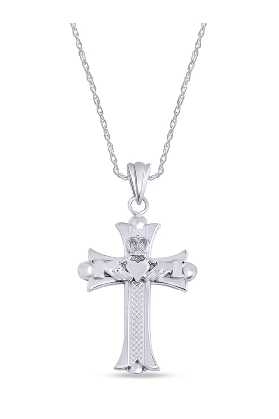 Claddagh Cross Pendant Necklace in 14k White Gold over Sterling Silver