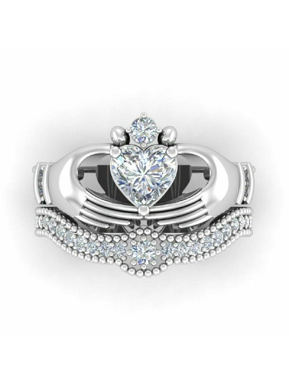 Claddagh Diamond Bridal Ring Set, Heart Cut Diamond Engagement Ring Set, Proposal Diamond Ring Set For Girlfriend, 14K White Gold Plated, 2.4 Ct Simulated Diamond, Party Wear Diamond Ring Set