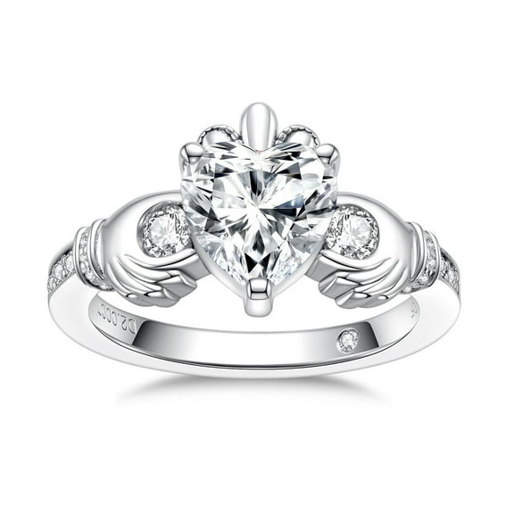 Claddagh Diamond Engagement Ring, Heart Shape Diamond Ring, Luxurious Three Stone Crown Diamond Ring, Forever One Ring, 925 Sterling Silver, 2.3 Ct Simulated Diamond, Anniversary Gift Ring