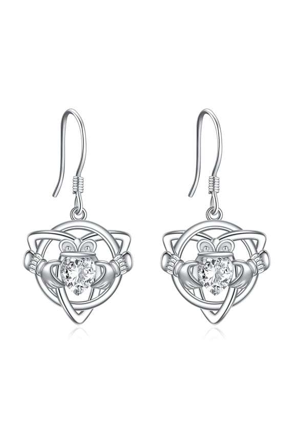 Claddagh Earrings with Crystal April Birthstone 925 Sterling Silver Irish Celtic Knot Heart Dangle Dangling Drop Charm Earrings Valentines Day Jewelry Gifts for Women