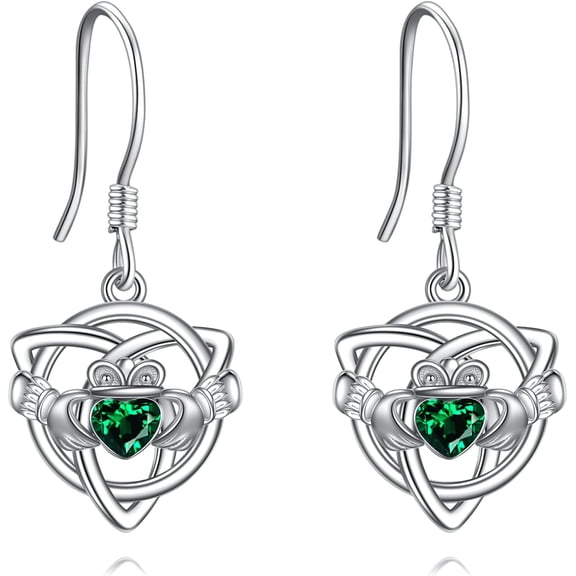 Claddagh Earrings with Emerald Crystal 925 Sterling Silver Irish Celtic Knot Heart Dangle Dangling Drop Charm Earrings Valentines Day Jewelry Gifts for Women
