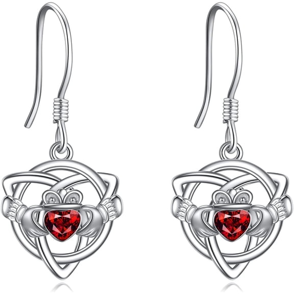 Claddagh Earrings with Ruby Crystal 925 Sterling Silver Irish Celtic Knot Heart Dangle Dangling Drop Charm Earrings Valentines Day Jewelry Gifts for Women