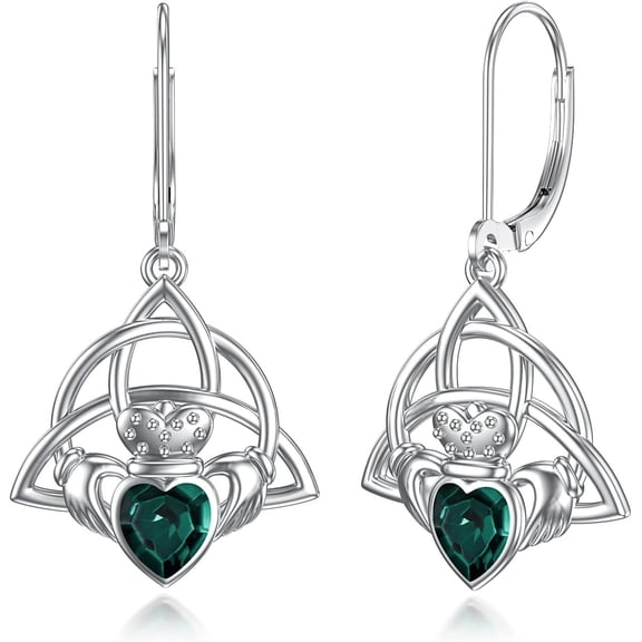 Claddagh Earrings for Women Sterling Silver Irish Celtic Knot Claddagh Dangle Dangling Drop Leverback Earrings with Emerald Crystal Valentines Day Jewelry Gifts