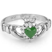 Claddagh Emerald Diamond Ring In Solid 14k White Gold
