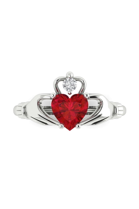 Claddagh Engagement Ring for Women - 1.05ct Simulated Ruby in 18K White Gold Promise Ring
