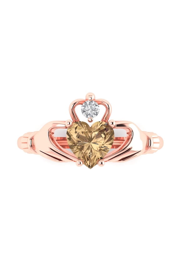Claddagh Engagement Ring for Women - 1.06ct Simulated Champagne Diamond in 14K Rose Gold Promise Ring