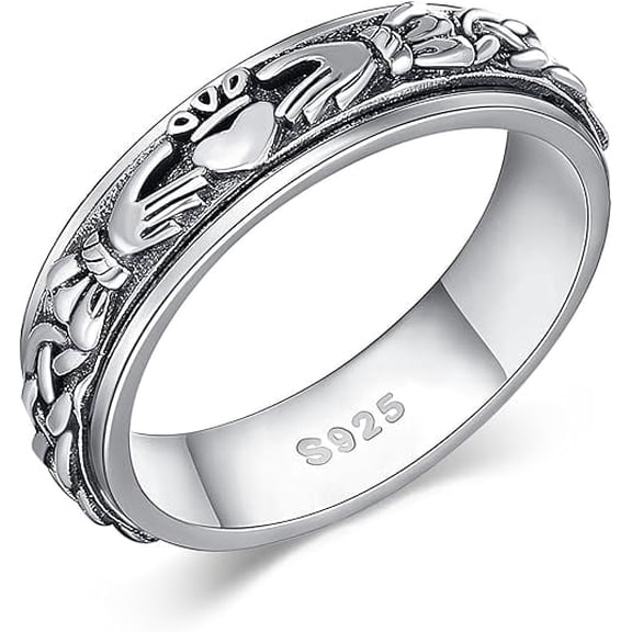 Claddagh Fidget Spinner Rings 925 Sterling Silver Celtic Knot Anxiety Ring Eternity Love Irish Claddagh Jewelry Gifts for Women Men Mom Wife (Size 7)