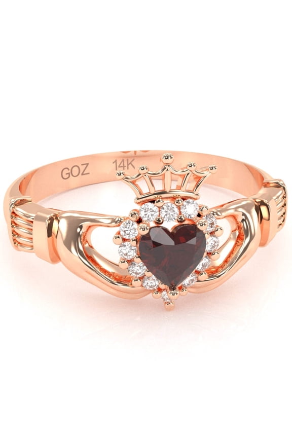 Claddagh Garnet Diamond Ring In Solid 14k Rose Gold