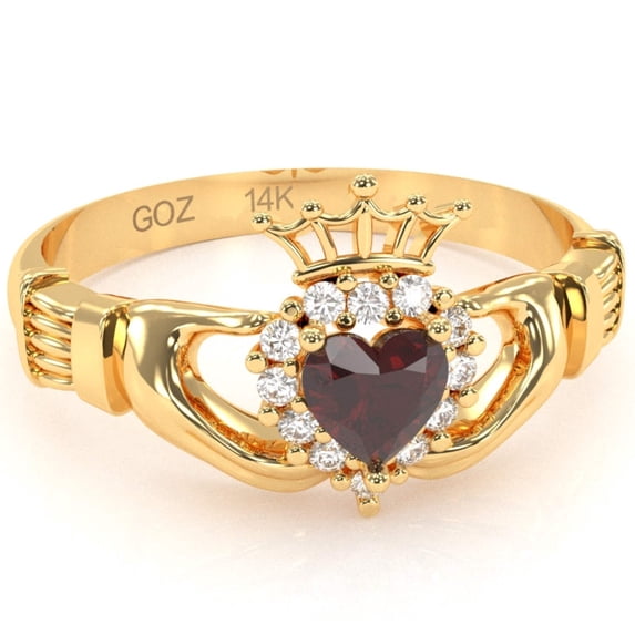 Claddagh Garnet Diamond Ring In Solid 14k Yellow Gold