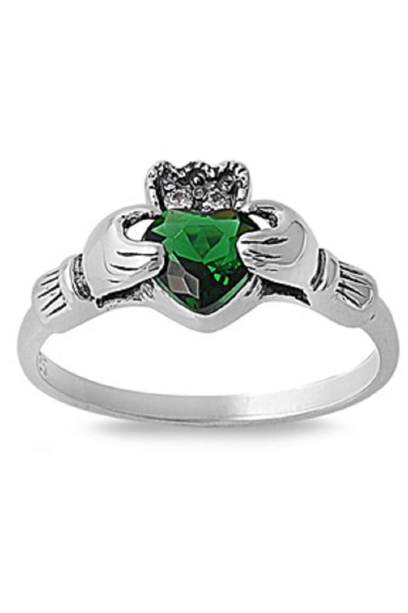 Claddagh Grace Simulated Emerald Cubic Zirconia Ring Sterling Silver 925