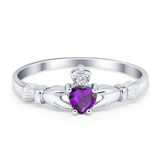 Claddagh Heart Promise Ring Amethyst CZ 925 Sterling Silver Size 5