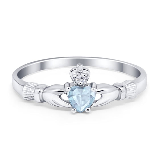 Claddagh Heart Promise Ring Aquamarine CZ 925 Sterling Silver Size 11