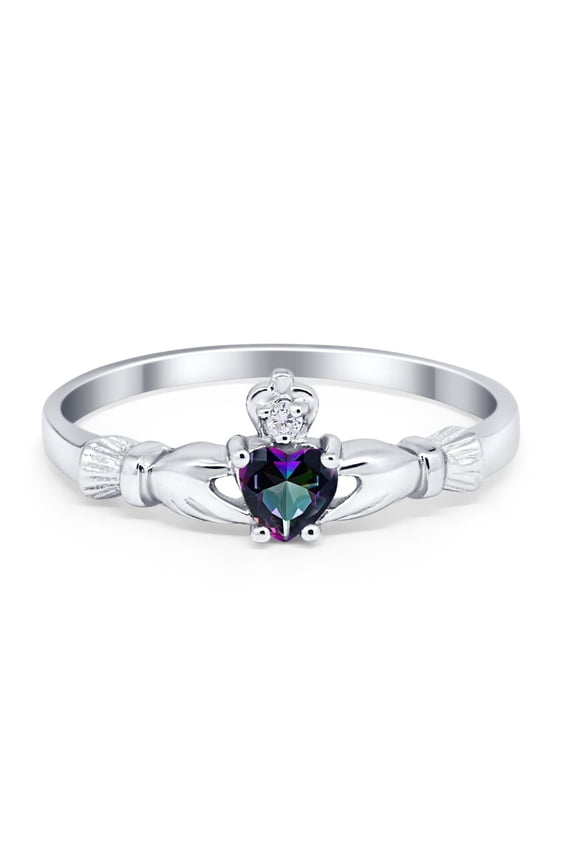 Claddagh Heart Promise Ring Rainbow CZ 925 Sterling Silver Size 7