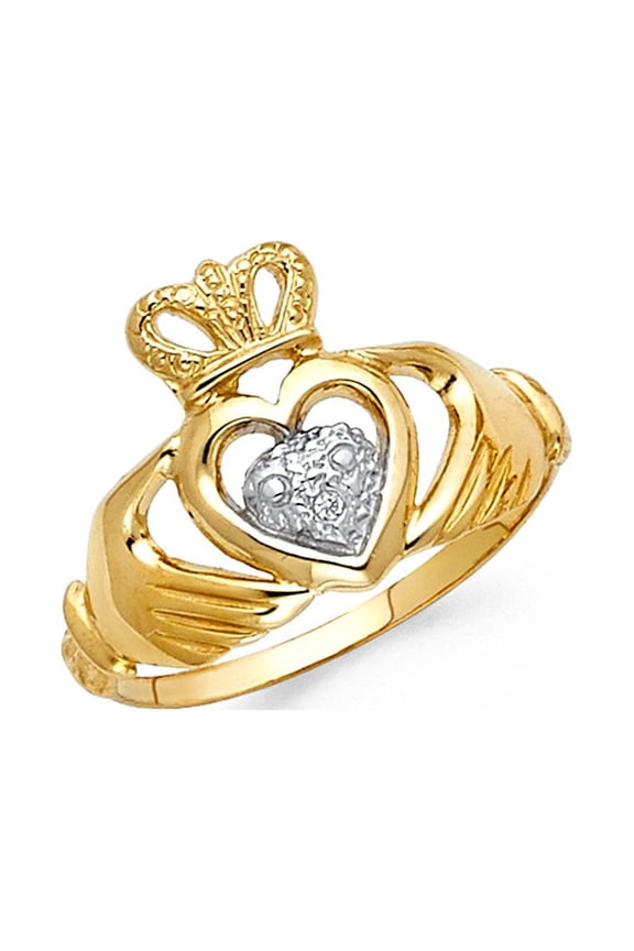 Claddagh Heart Ring 14k Yellow & White Gold Irish Style Love Band Polished Fancy Two Tone 13MM Size 7