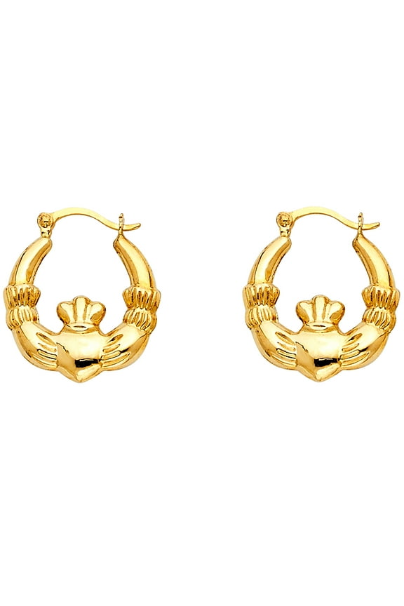 Claddagh Hoop Earrings Solid 14k Yellow Gold Hollow Polished Religious Design Genuine 15 x 15 mm