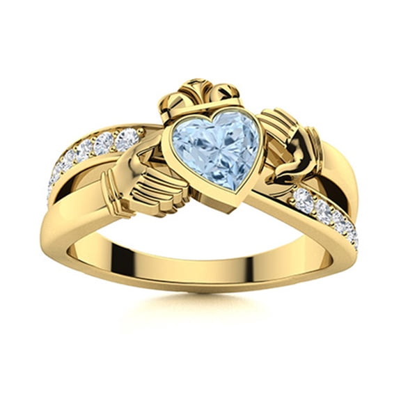 Claddagh Irish 5 MM Heart Aquamarine Engagement Women Ring 925 Sterling Silver Gold Vermeil