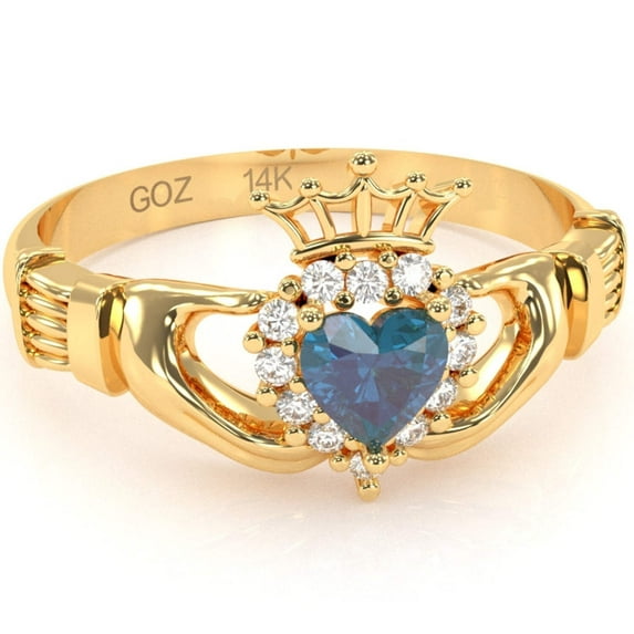 Claddagh Lab-Created Alexandrite Diamond Ring In Solid 14k Yellow Gold