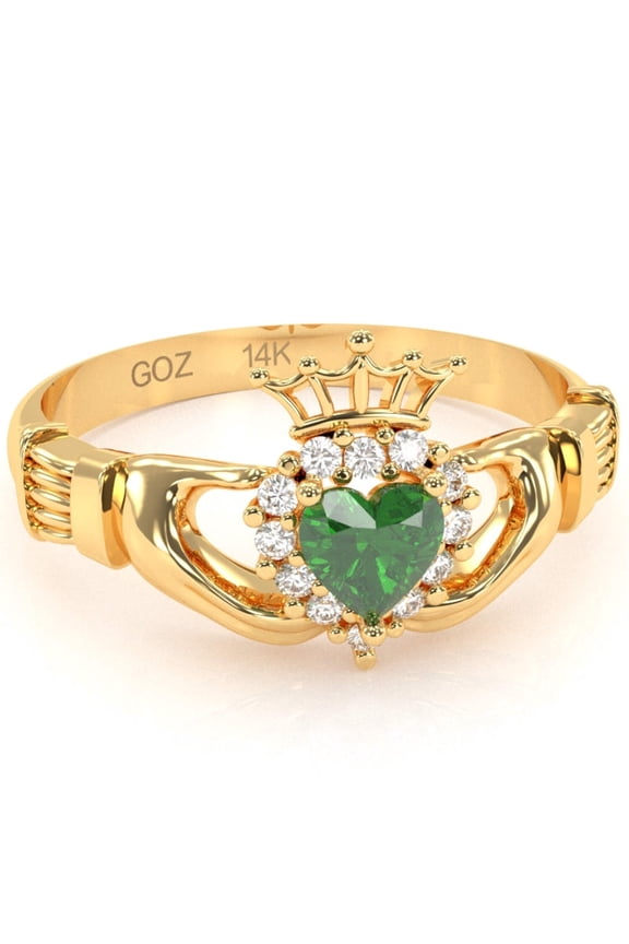 Claddagh Lab-Created Emerald Diamond Ring In Solid 14k Yellow Gold