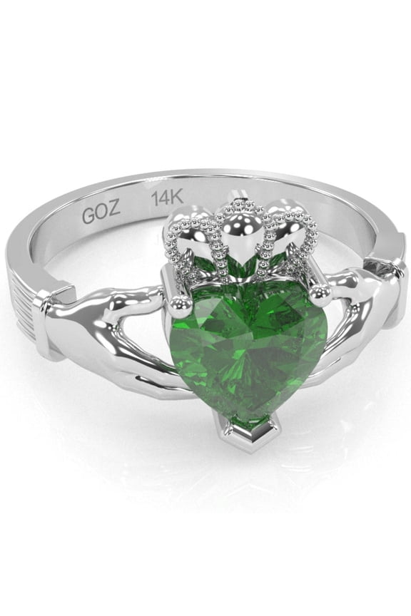 Claddagh Lab-Created Emerald Ring In Solid 14k White Gold