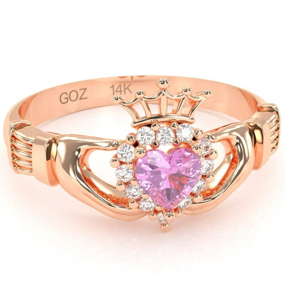 Claddagh Lab-Created Pink Sapphire Diamond Ring In Solid 14k Rose Gold