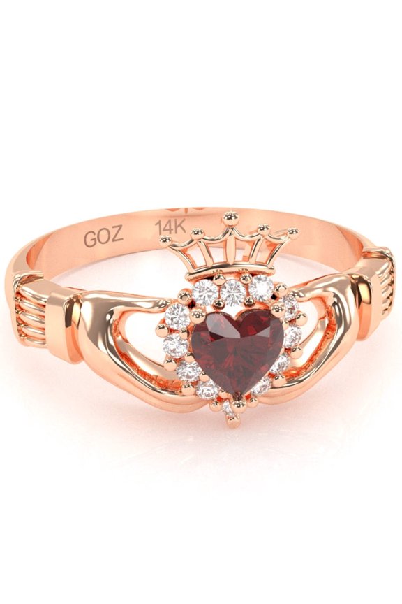 Claddagh Lab-Created Ruby Diamond Ring In Solid 14k Rose Gold
