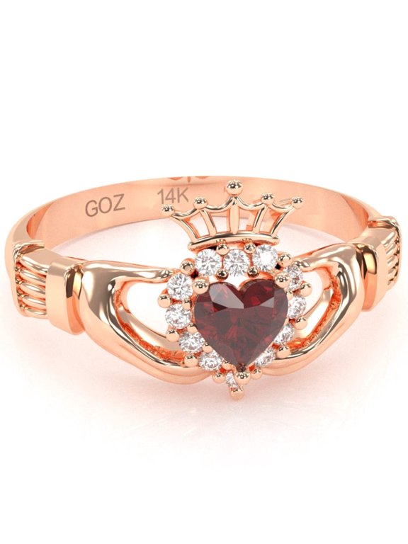 Claddagh Lab-Created Ruby Diamond Ring In Solid 14k Rose Gold