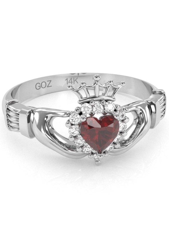 Claddagh Lab-Created Ruby Diamond Ring In Solid 14k White Gold