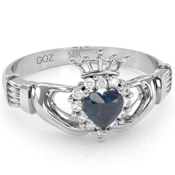 Claddagh Lab-Created Sapphire Diamond Ring In Solid 14k White Gold