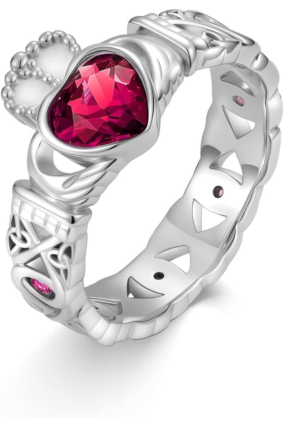 Claddagh Ruby Birthstone Ring 925 Sterling Silver Irish Claddagh Trinity Knot Celtic Wedding Promise Ring with July Birthstone Irish Lucky Jewelry Gifts for Women Mom Her#8