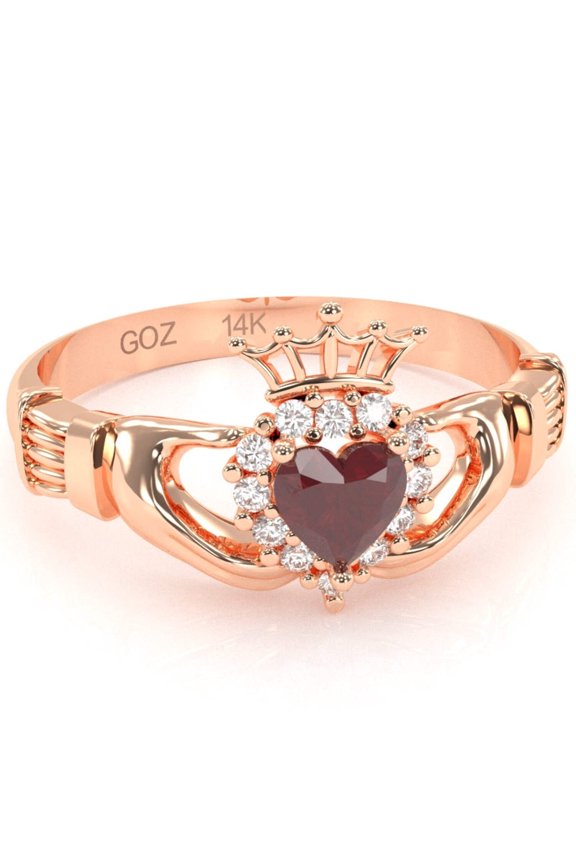Claddagh Ruby Diamond Ring In Solid 14k Rose Gold
