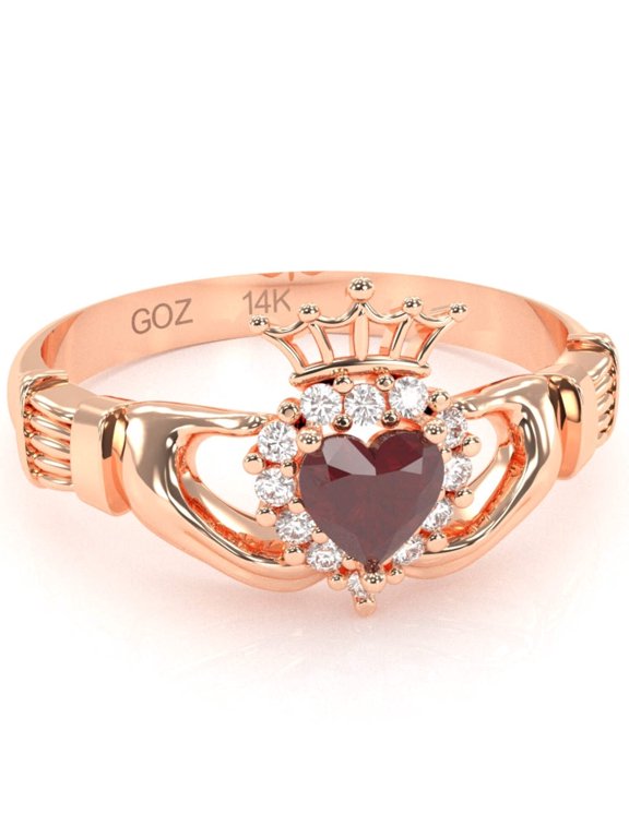 Claddagh Ruby Diamond Ring In Solid 14k Rose Gold